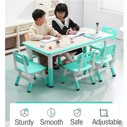 Kids Table and Chairs Set, Height Adjustable Desk With 6 Seats for Ages 2-10,Arts & Crafts Table,Graffiti Desktop, Non-Slip Legs, Max 300lbs, Children Multi-Activity Table for Classrooms,Daycares,Home