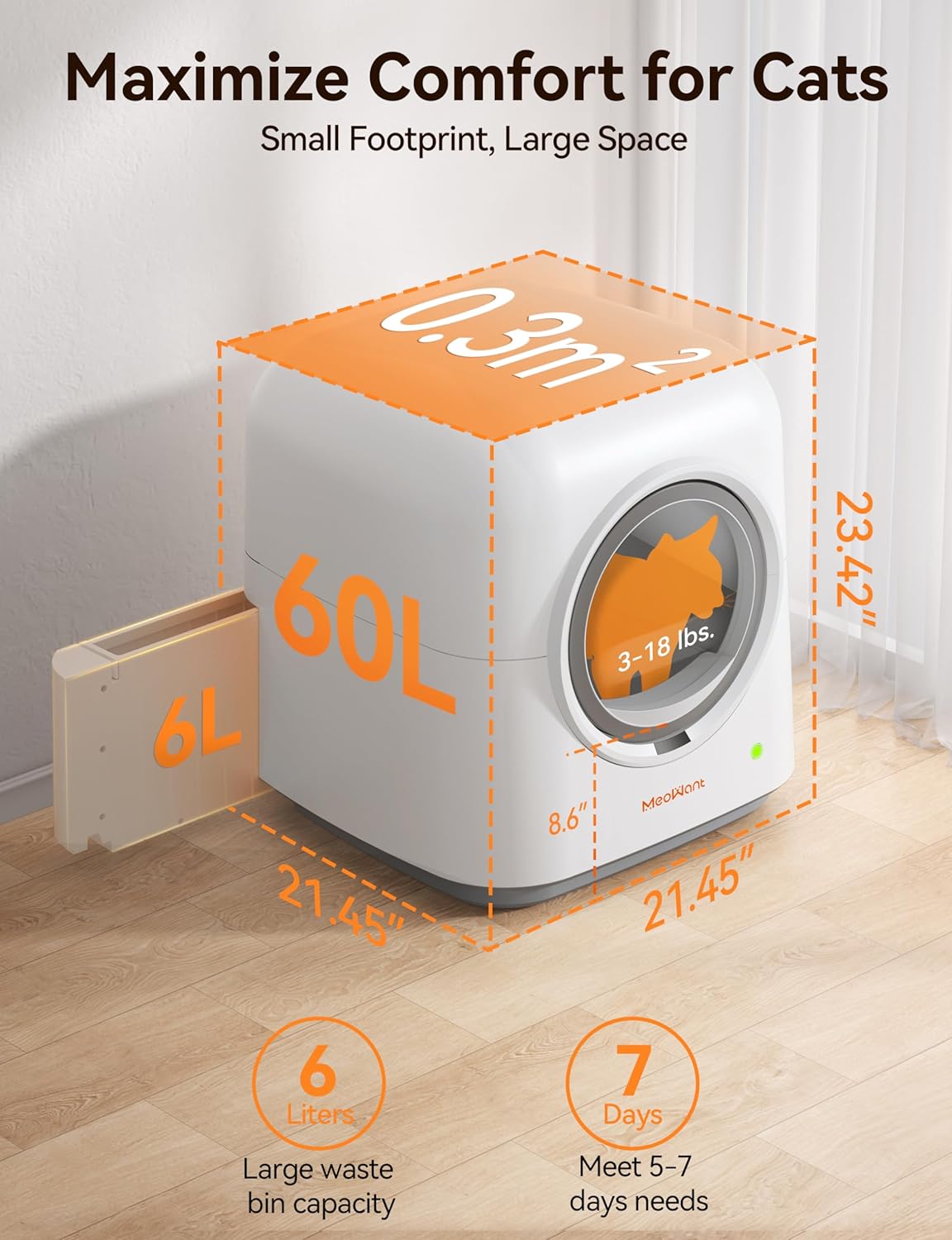 MeoWant Self Cleaning Cat Litter Box, Fully Enclosed Automatic Litter Box for Multi Cats, Ultra-Safe/APP Control/Odor Removal Smart Cat Litter Box with Mat & Liner
