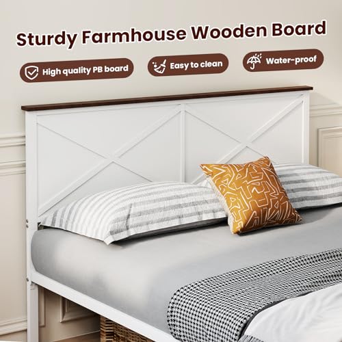 VOPEAK Farmhouse Queen Bed Frame with Headboard and Footboard, Bed Frame Queen Size Metal Platform with Under Bed Storage, Noise Free, No Box Spring Needed, Easy to Install, Sturdy & Stable, White