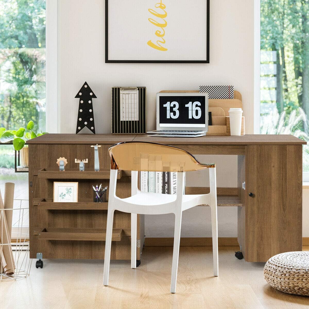 Multifunction Design Folding Sewing Craft Table Shelves Storage Cabinet Computer Desk Home Furniture with Wheels, Space-Saving,3 Storage Bins Natural