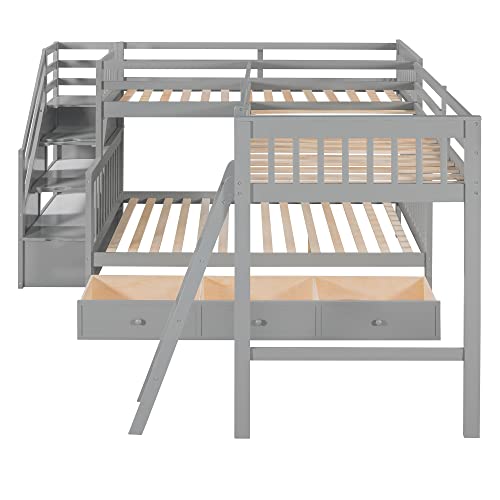 Twin Over Full L-Shaped Wooden Bunk Bed with Storage Drawers, Ladder and Staircase, Triple Bunk Bed Frame for 3 Kids Teens Adults, Gray