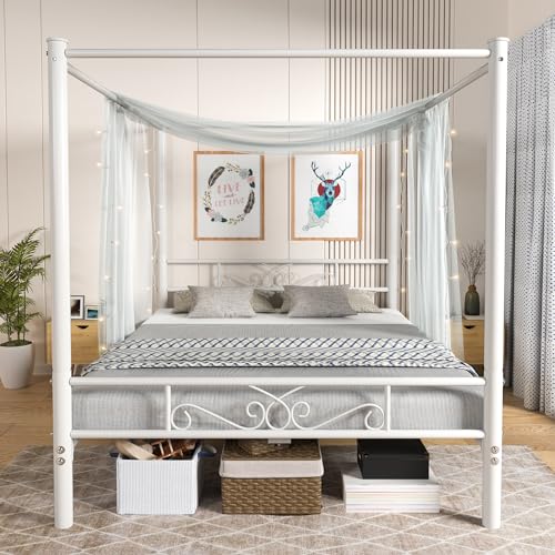 Queen Size Metal Canopy Bed Frame, Four-Poster Canopied Platform Bed Frame with Headboard and Footboard, Sturdy Metal Slatted Structure, No Box Spring Needed, Easy Assembly, White