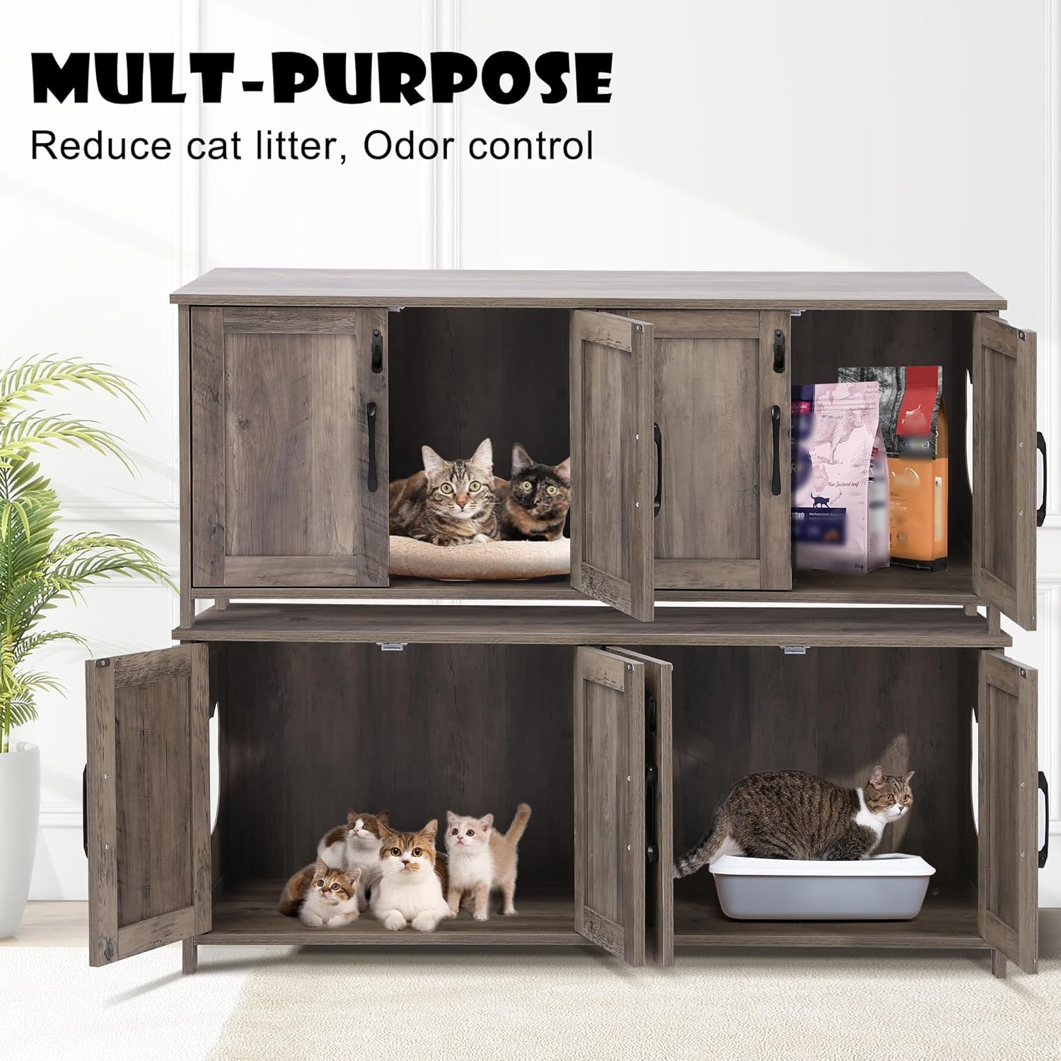 TITIMO Cat Litter Box Enclosure for 2 Cats - Litter Box Furniture Hidden with Lockable Door,Wooden Cat Washroom Furniture with Double Room,Cat House,Hideaway Litter Box,Greige