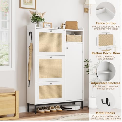 Rattan Shoe Storage Cabinet with 3 Flip Drawers, Freestanding Organizer with Adjustable Shelves for Entryway, Narrow Shoe Rack Cabinet for Hallway, Easy Assembly, Oak