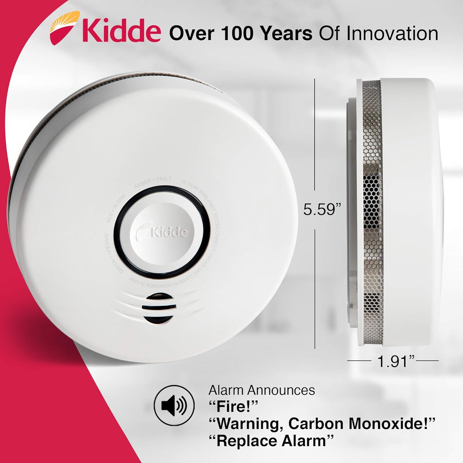 Kidde Smoke & Carbon Monoxide Detector, Lithium Battery Powered, Interconnect Combination Smoke & CO Alarm, Voice Alert