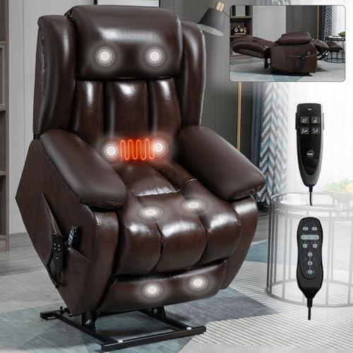 Lay Flat Lift Recliner Chair - Dual Motor Leather Electric Power Lift Chair with Massage & Lumbar Heating for Elderly People, Home Theater Single Seating Sofa Chair (Leather, Black)