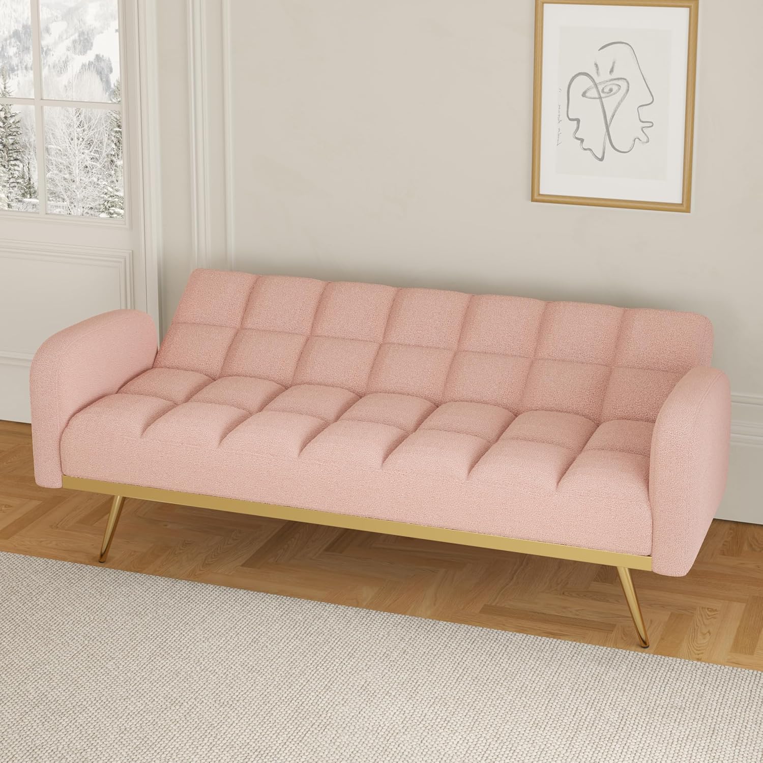 Pink Convertible Sleeper Loveseat Sofa 2-in-1 Adjustable Bed Futon Recliner with 2 Throw Pillows for Living Room Abstract Beach Modern Contemporary Solid Fabric Wood