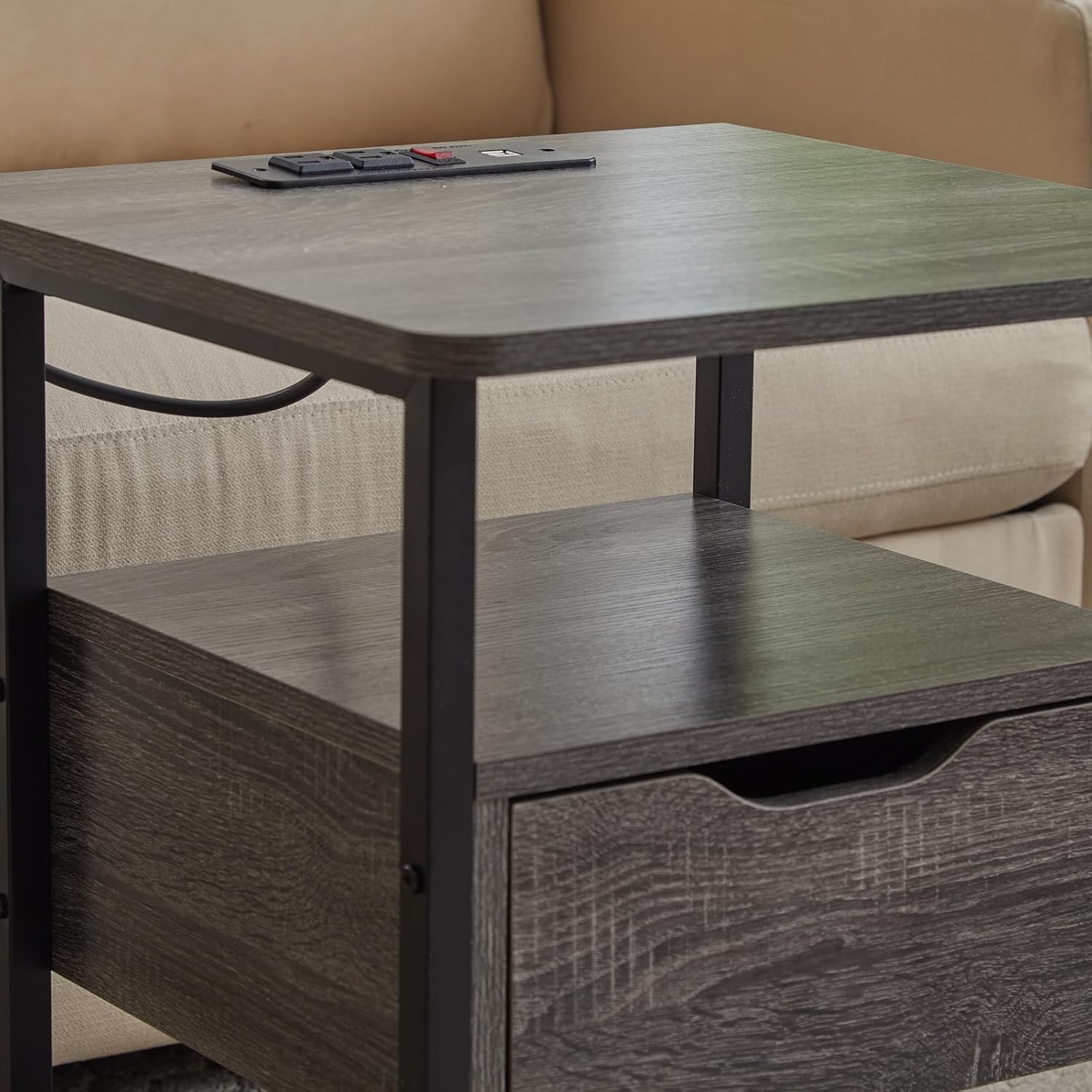 Nightstand Set of 2 with Charging Station, Wheels, USB Ports, Outlets, and Drawer Compact Side Table for Small Spaces End Table with Storage Shelves Portable Bedside Table MDF Metal Furniture Grey