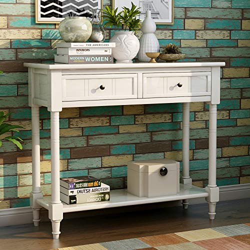 Narrow Console Table with 2 Drawers and Storage Shelf, 35.34" L Retro Sofa Table 2-Tier Wood Entryway Table with Storage for EntryWay, Hallway, Couch, Living Room, Kitchen,Ivory