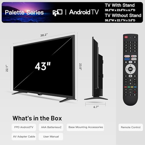 FPD 43 Inch Smart TV Flat Screen Frame LED Television Full HD 1080p Google Cast Built in, Streaming Live Ultra Thin HDR10 Android TV, Bluetooth, Vesa, Hdmi, WiFi (Palette-Series 2025)