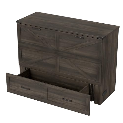 Bellemave Queen Murphy Bed, Cabinet Bed with Charging Station and Storage, Farmhouse Murphy Cabinet with Foldable Panel, Noisy Free, for Guest Bedroom, Living Room, Office, Rustic Gray