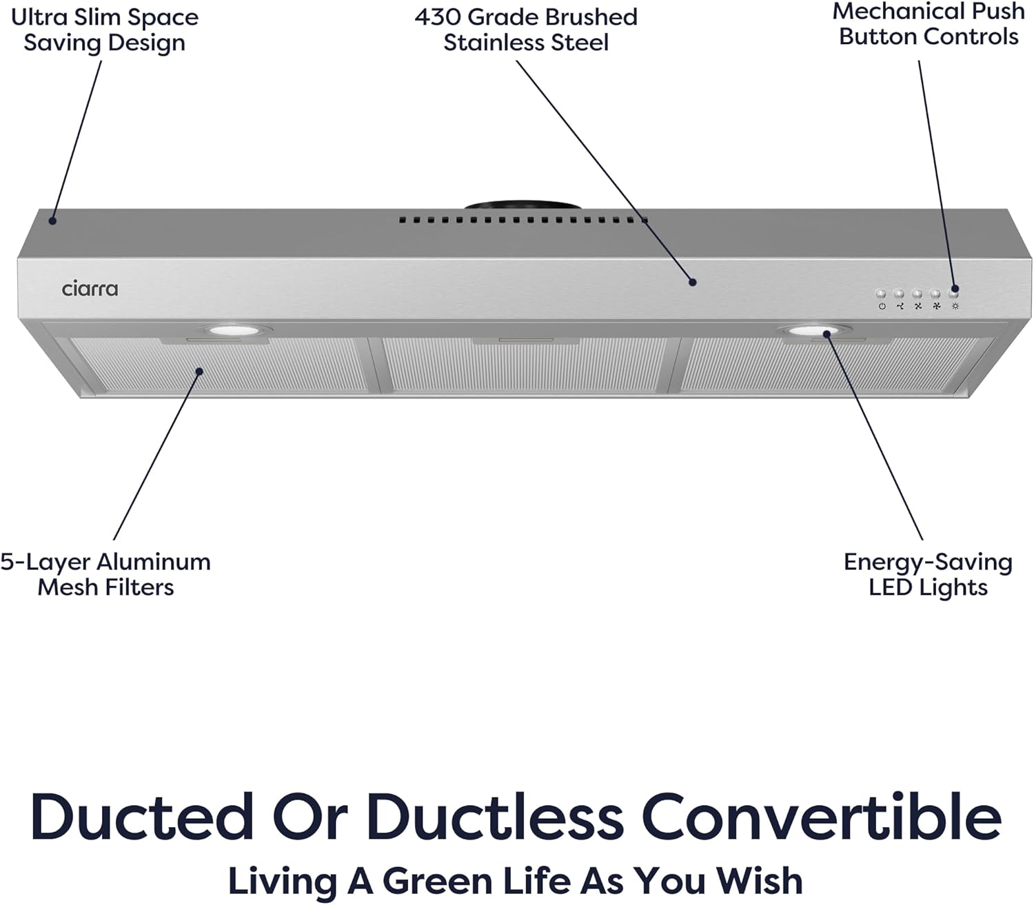 CIARRA Under Cabinet Range Hood 30 inch in Stainless Steel and Carbon Filter Kit Ducted Convertible Ductless Vent Hood CAS75905-006
