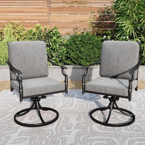 PHI VILLA 7 Pieces Outdoor Dining Set for 6, Rectangular Black Steel Dining Table with Fixed and Swivel Iron Chairs, Large Dining Furniture Set with Cushions for Patio, Deck, Porch, Backyard
