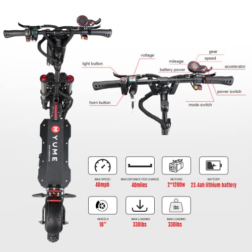 M YUME SCOOTER Y10 Adult Electric Scooter Double Suspensions Dual Motor 23.4AH Battery 52V 2400W 40 MPH 40 Miles Fast Sports Scooter 10" Off Road 330lbs Max Load Folding Scooter, UL-2272 Certified