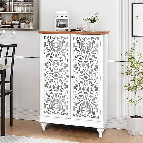 MFSTUDIO Small Accent Storage Cabinet with 1 Door, Farmhouse Hollow-Carved Floral Distressed Decorative Wood Cabinet Nightstand Side Table Sofa Table for Living Room, 13.8" Dx18.9 Wx31.5 H, White