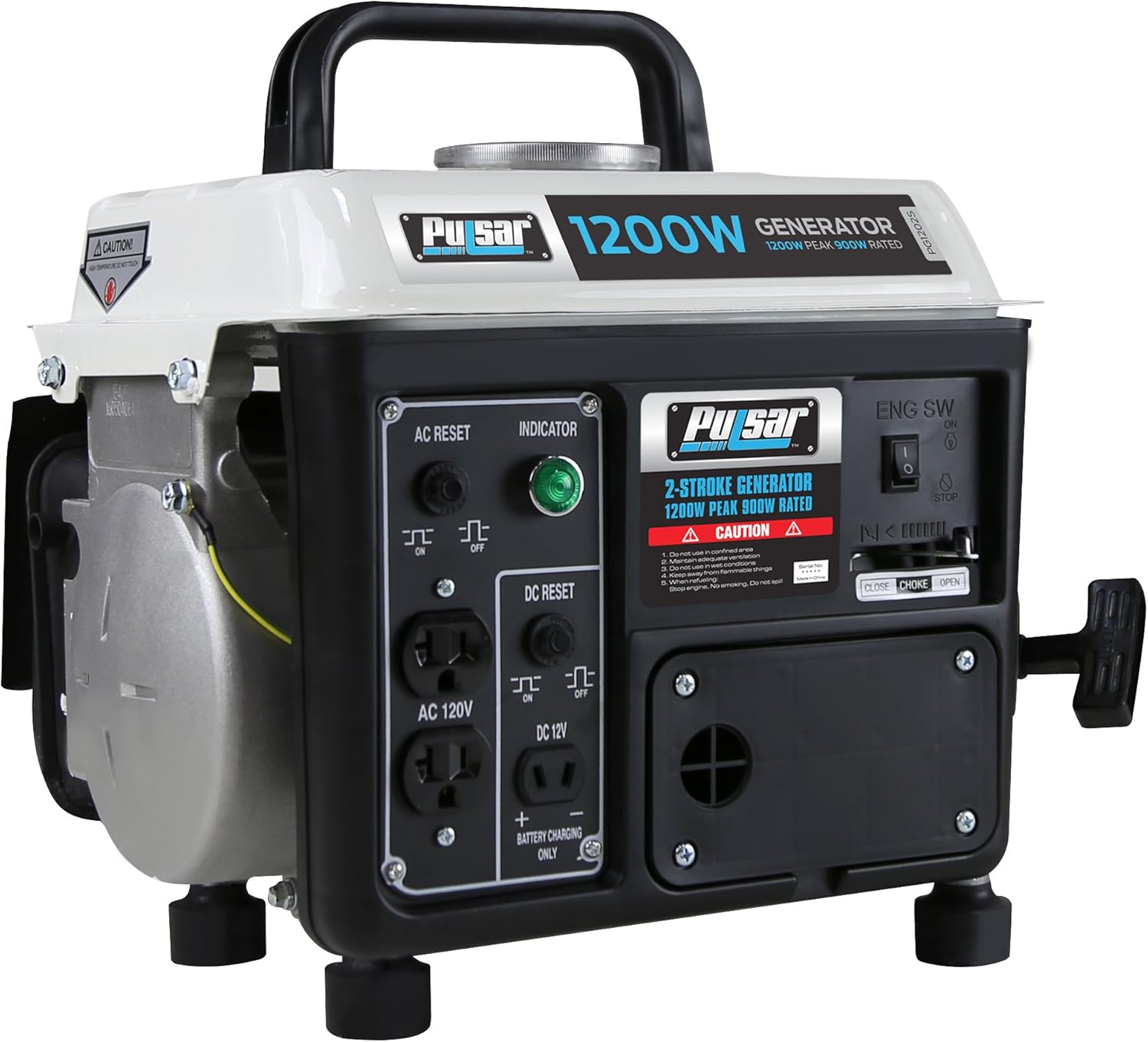Pulsar 1,200W Carrying Handle, PG1202S Gas-Powered Portable Generator, 1200W, Black/White