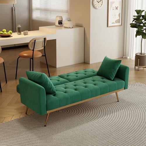 Velvet Convertible Sofabed, Futon Sofa Bed,68.3" Small Sofa Bed Couch with Adjustable Backrest,Modern Loveseat for Living Room, Bedroom, Office, Green