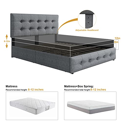 Queen Bed Frame with 4 Storage Drawers and Adjustable Headboard, Upholstered Platform Bed with Button Tufted Design, Strong Wooden Slats Support, No Box Spring Needed, Black