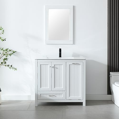 LUCKWIND 36" Bathroom Vanity with Sink Combo Set, Bathroom Cabinet with Laundry Hamper, includes 2 Doors, 1 Drawer and Soft Closing System, (Mirror Not Include), White