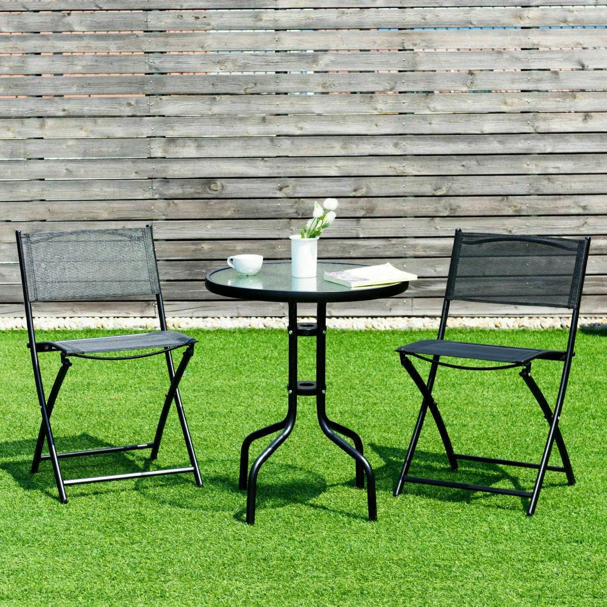 Bistro Set 3 Pcs. Round Table Tempered Glass Folding Chairs Sturdy Durable, Garden Backyard Patio Outdoor Furniture