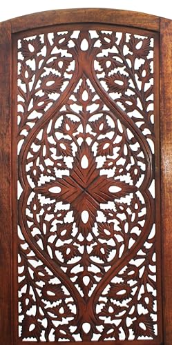 Room Divider Wood Screen - Ghanti Bells Antique Brown - 4 Panel Folding 72 x 80 - Assembled Hand Carved Decorative Functional Versatile Portable Partition Reversible Privacy Boho - COTTON CRAFT