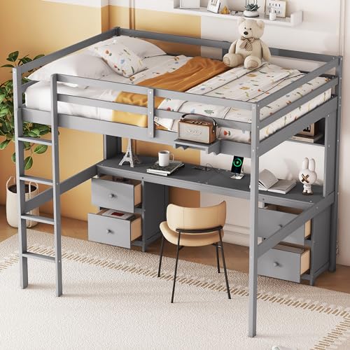 Full Size Loft Bed with Desk and Storage, Wooden Loft Beds Frame with Charging Station, High Loft Beds with 4 Drawers & 4 Shelves & 2 Outlets & 2 USB Port for Kids Teens Adults, Gray