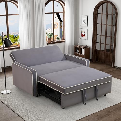 3 in 1 Convertible Sleeper Sofa Couch with Pullout Bed, Modern Flannel Pull Out Love seat Sofa, 2 Seater Futon Loveseat Couch Bed for RV, Living Room, Bedroom and Small Space (Grey)