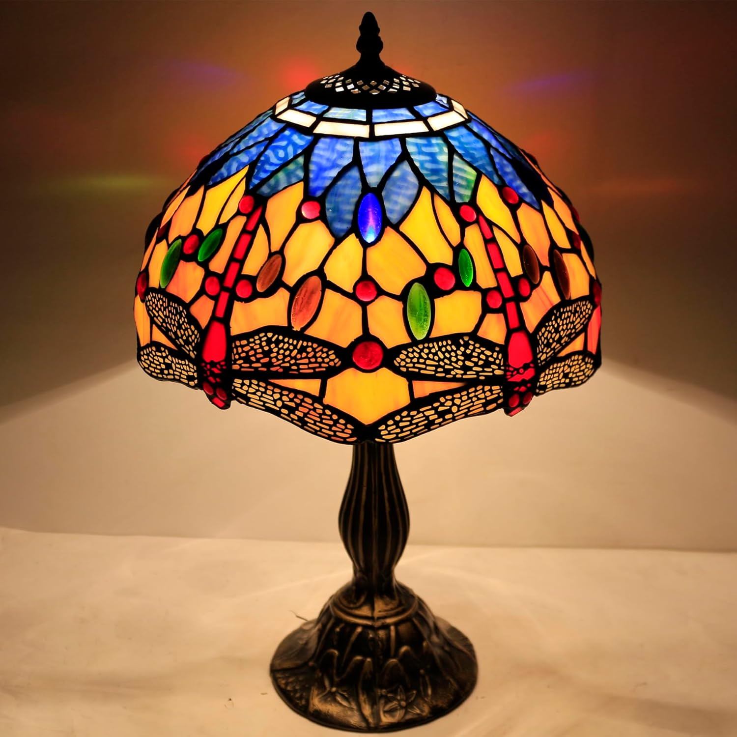 WERFACTORY Tiffany Lamp Stained Glass Bedside Table Lamp Orange Blue Dragonfly Style Reading Desk Light 12X12X18 Inches Decor Bedroom Living Room Home Office S168 Series