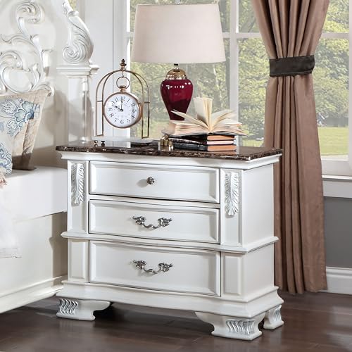 Furniture of America Clairibel Wood 5-Piece Bedroom Set, King-Size Bed with Button-Tufted Headboard, Marble Top Nightstand and Dresser & Dovetail Drawers, Box Spring Required, Pearl White