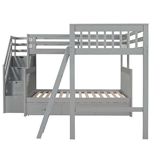Twin Over Full L-Shaped Wooden Bunk Bed with Storage Drawers, Ladder and Staircase, Triple Bunk Bed Frame for 3 Kids Teens Adults, Gray