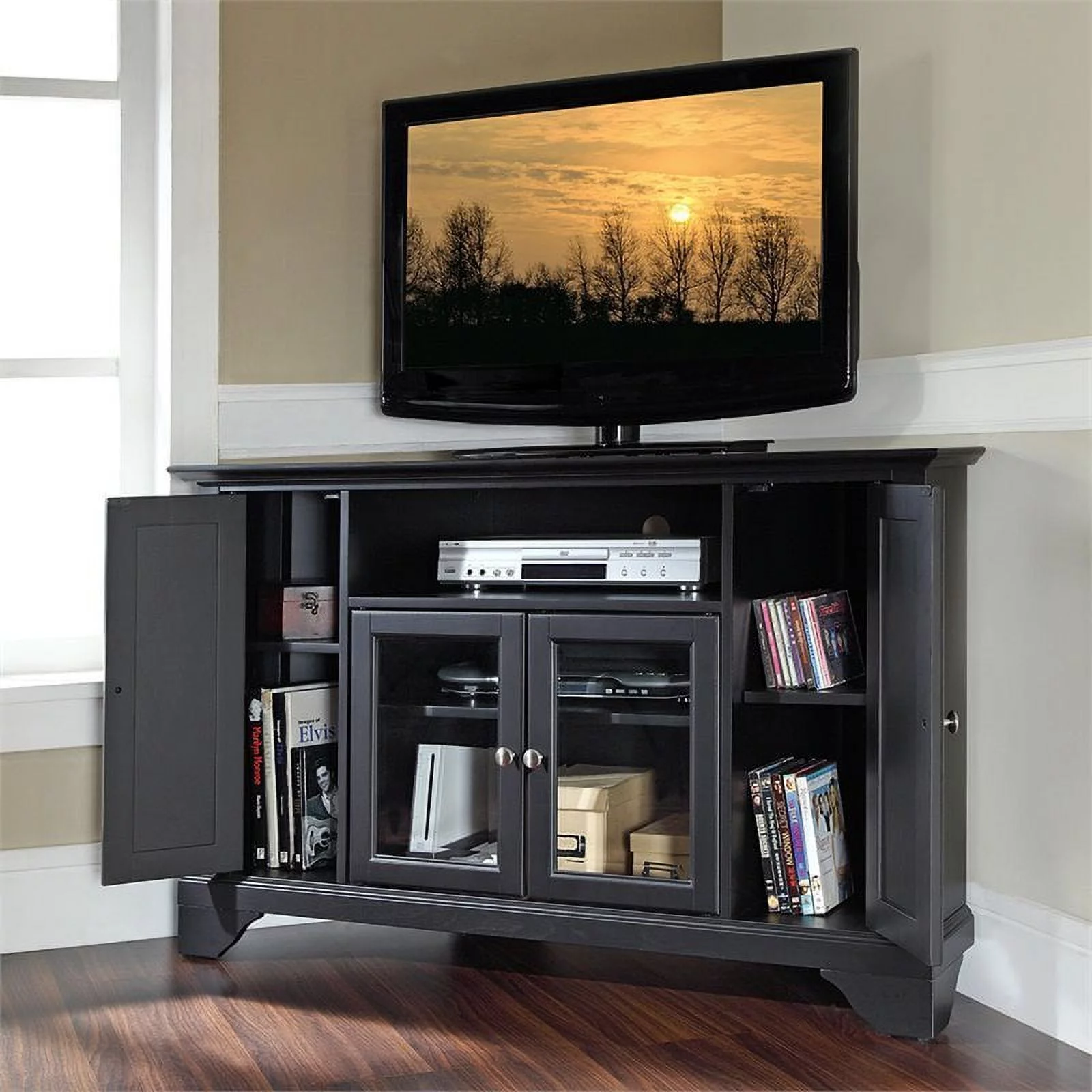 Pemberly Row 48" Corner TV Stand in Black