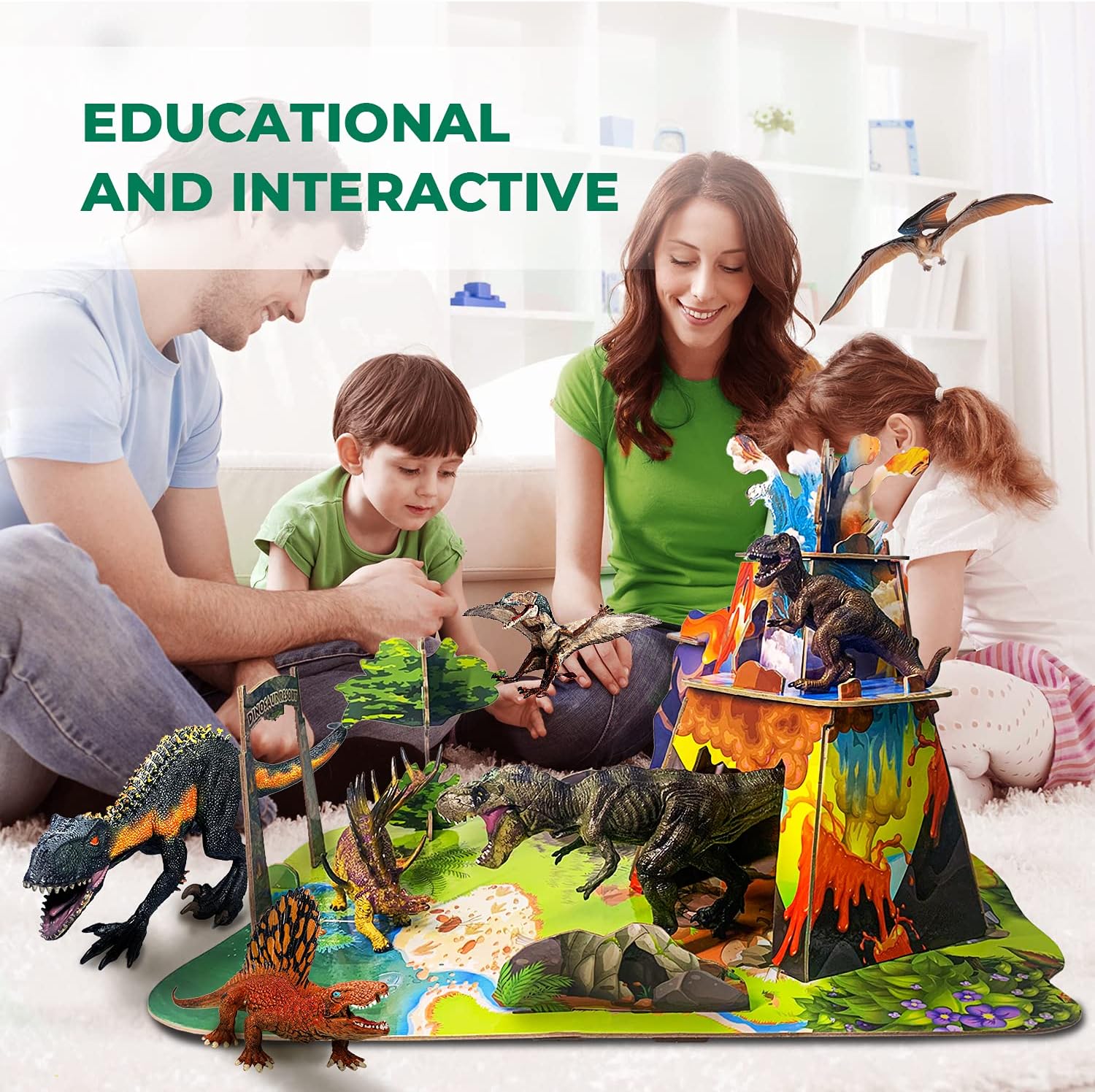 CPSTOYWORLD Realistic Dinosaur Toys for Kids, Large Dinosaur Figure Sets Including Movable T-Rex, Triceratops, Indoraptor and 3D Volcano Puzzles, Dinos Toys Gifts for Boys Girls Ages 3 Years & Up
