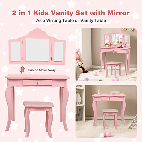 HONEY JOY Kids Vanity Set with Mirror, 2-in-1 Wooden Toddler Vanity Table with Stool, Tri-Folding Mirror & Drawer, Removable Top, Princess Pretend Play Beauty Makeup Vanity for Little Girls (White)