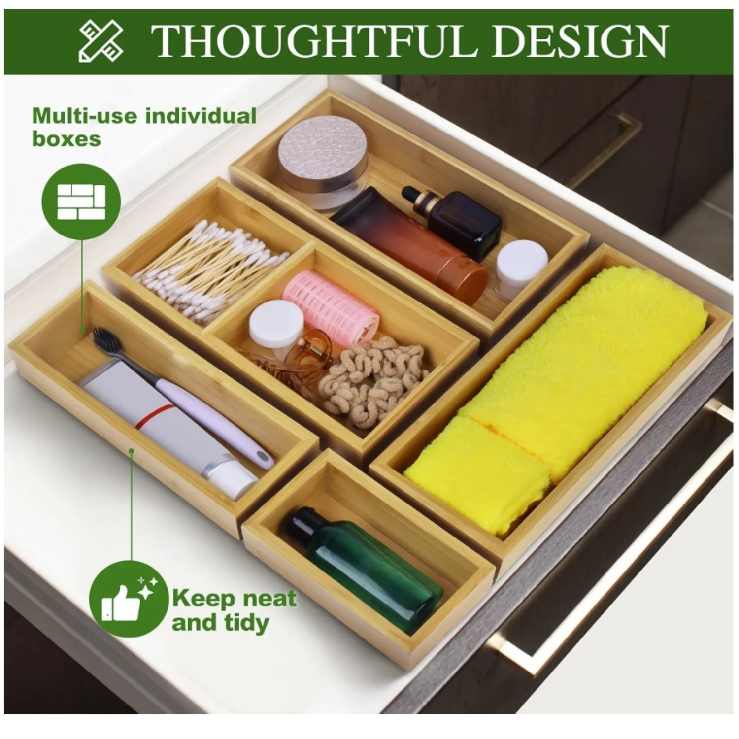 Bamboo Drawer Organizer Set, 5 PCS Multi-Use Individual Wood Storage Organizers, Junk Drawer Divider and Storage Trays Containers for Kitchen, Bathroom, Office Desk, Makeup, Jewelry, Utensils