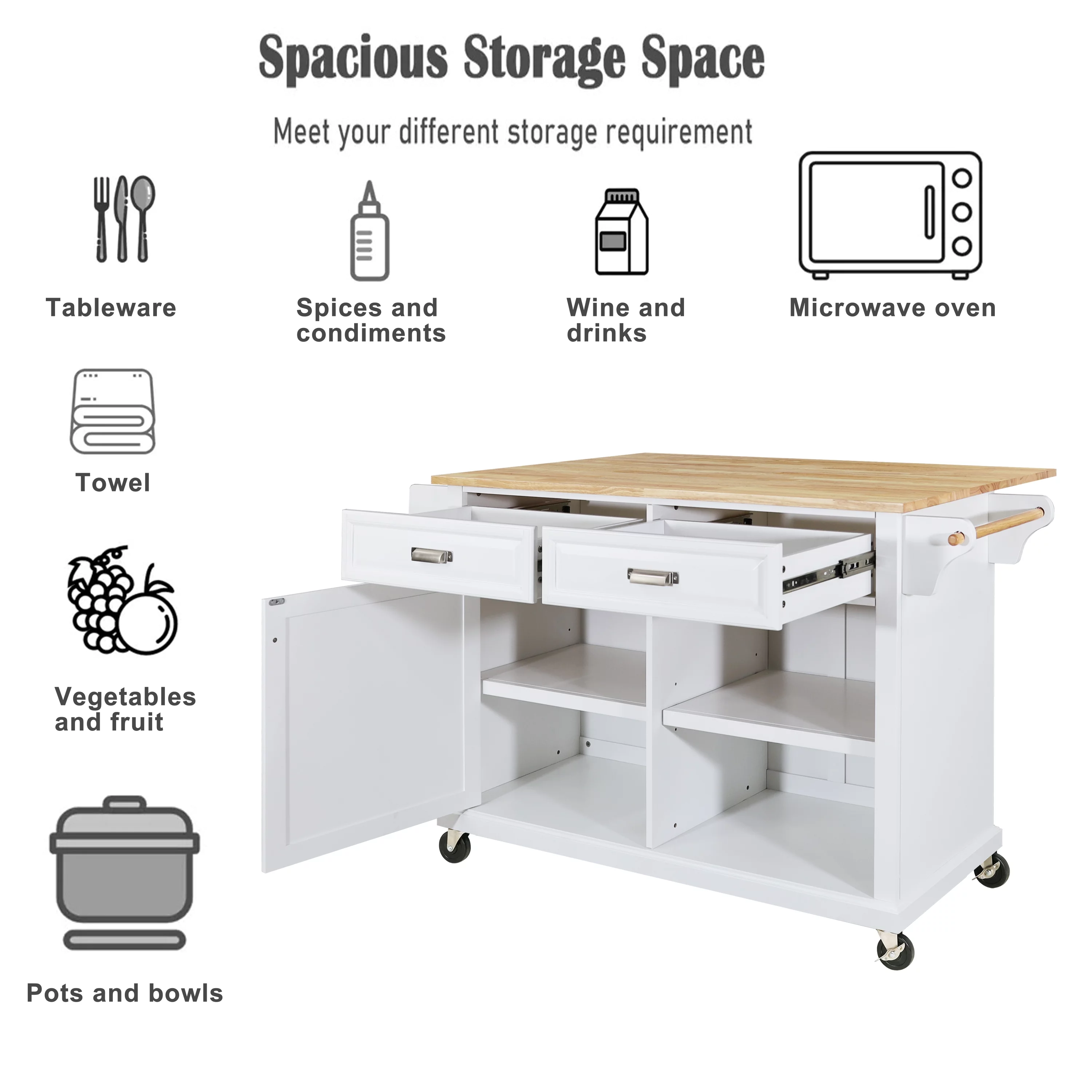 Multi-Functional Storage Island Cart with Rubberwood Countertop and Drop-Leaf, Greenguard Gold Certified, Kitchen Island on Wheels with Large Storage Cabinet,2 Drawers,Spice Rack,Towel Holder, White
