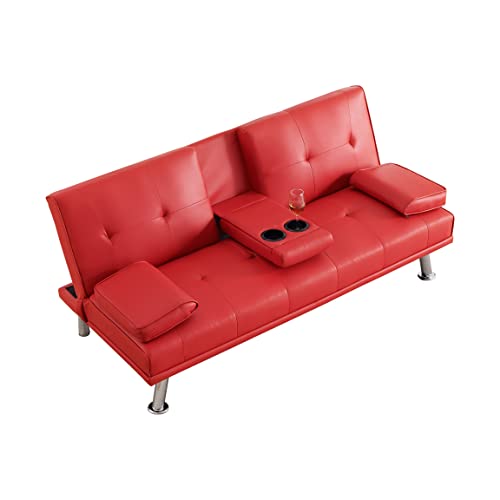 Convertible Folding Futon Sofa Bed - Faux Leather Upholstered Loveseat with Removable Armrests, Metal Legs, Cup Holders - Ideal for Living Room,Red