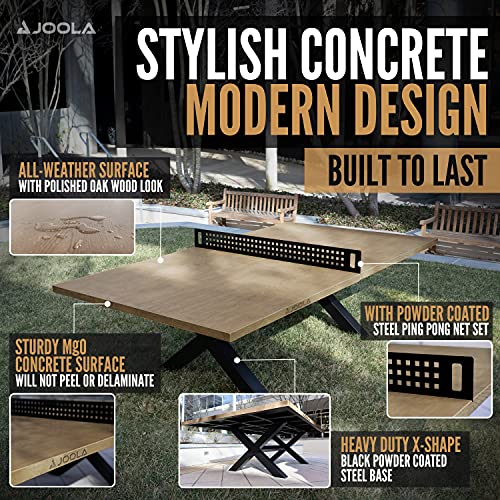 JOOLA Outdoor Table Tennis Table - Multi Use Conference Table Dining Table - Concrete Wood Look Includes Steel Outdoor Ping Pong Net Set & Frame - Hybrid Indoor Outdoor Ping Pong Table