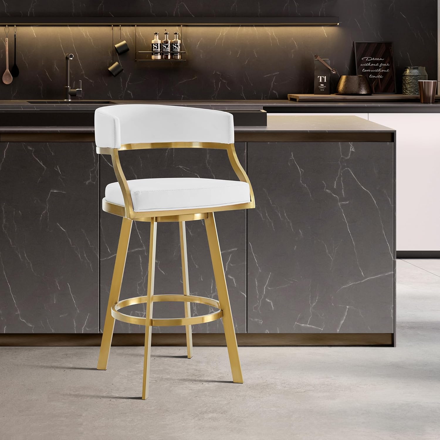 Armen Living Saturn 30" Swivel Bar Stool with Gold Brushed Stainless Steel and White Faux Leather