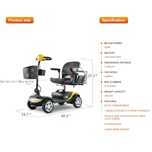 300W Folding Mobility Scooter 300lbs Capacity, 4 Wheel Powered Mobility Scooters with Large Rear Basket, Lightweight Electric Scooter with Multiple Pockets & Storage Box (Purple)
