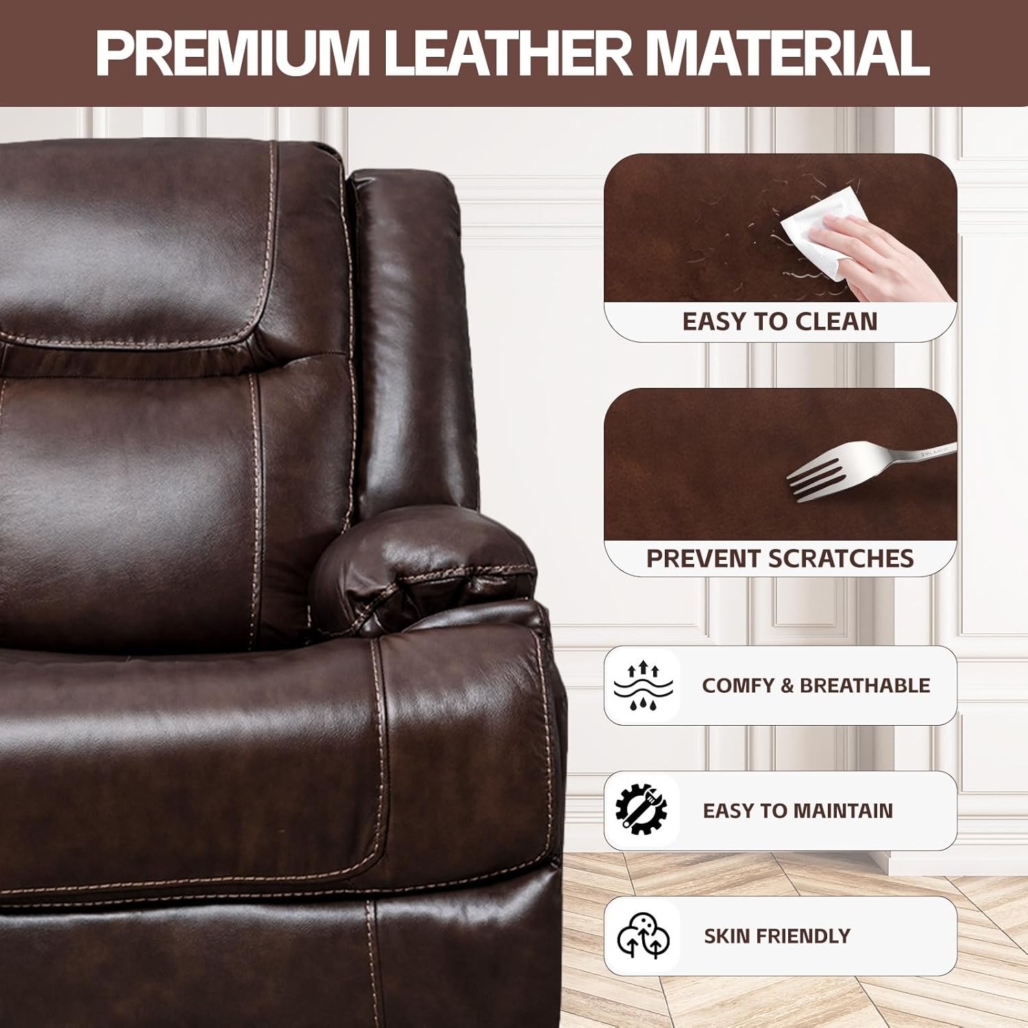 Genuine Leather Manual Recliner, Classic Traditional Reclining Chair with Overstuffed Back and Arm, Single Sofa Recliner Chair for Living Room, Bedroom, Home Theater (Brown)