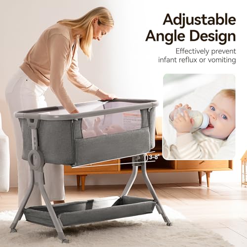 3 in 1 Baby Bassinet Bedside Sleeper, Breathable Mesh Safe Bedside Bassinet for Baby, Easy Assemble & Folding Portable Bassinet, 5 Height Adjustable Bedside Crib with Storage Basket, Mattress, Wheels