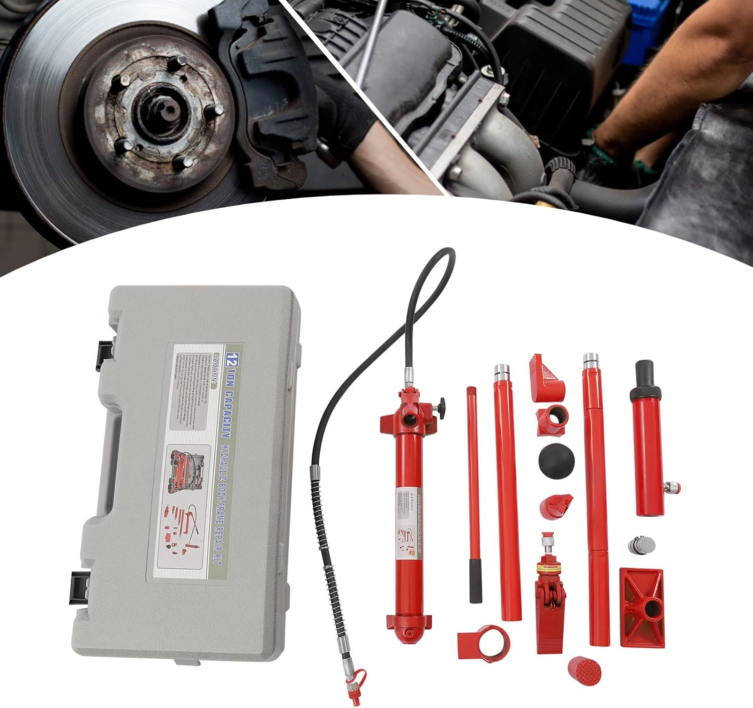 12 Ton Hydraulic Jack Ram Kit 14 Accessories Auto Body Frame Repair Kit Portable Hydraulic Lift Equipment Tool Steel Hydraulic Jack with Case Autobody Frame Repair Power Tools for Repair
