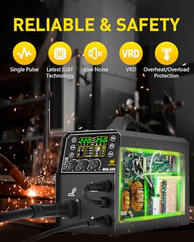 HZXVOGEN 250A Aluminum MIG Welder 5 in 1 LED Display Multi-process Welding Machine 110/220V IGBT Inverter Gas MIG/Gasless Flux Core/Lift TIG/Spot Welding/Stick ARC MMA Welder Machine Large LED Display