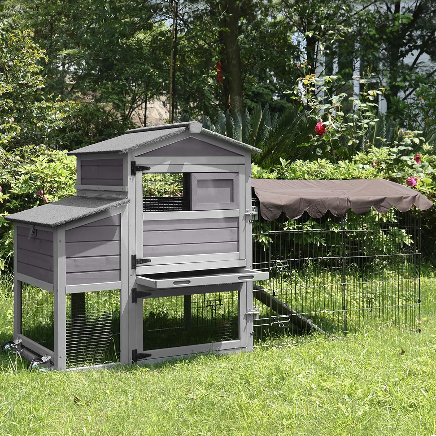 Mobile Chicken Coop 79" Large All-Steel Frame Hen House Poultry Cage with Metal Run,Waterproof Rain Cover