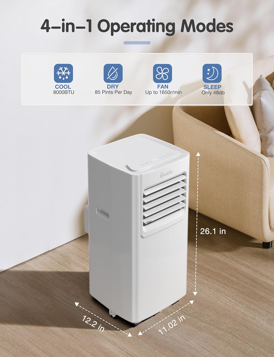 Grelife Portable Air Conditioner, 8000 BTU Air Conditioner Portable for Room Up to 350 Sq.Ft, 24H Timer, Sleep Mode, 3-in-1 Quiet AC Unit with Remote Control & Digital Display, Window Kit Included