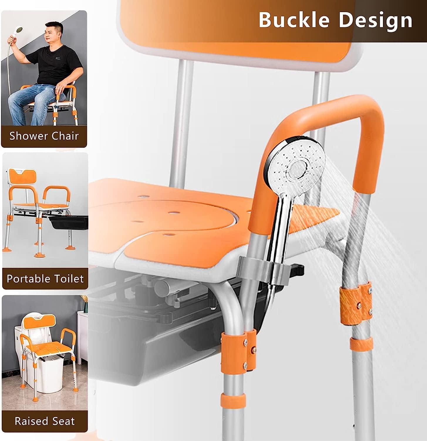 KOHARA Bedside Commode Chair, Height Adjustable Shower Chair w/Safety Frame & Anti-Slip Foot Pads, Portable Toilet, Raised Toilet Seat for Elders, Disabled Pregnant Woman
