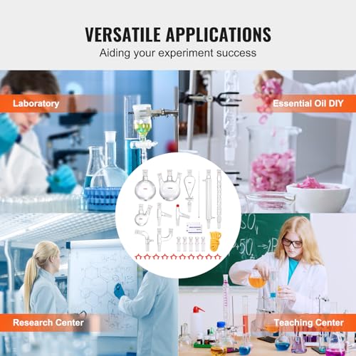 VEVOR New Laboratory Glassware 24/40 Chemistry Glassware 29PCS Chemistry Lab Glassware Kit 250 1000ml for Distillations Separation Purification Synthesis 24/40 29PCS