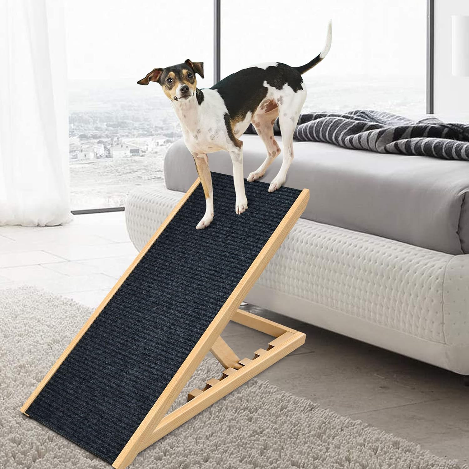 Peclot Adjustable Pet Ramp, Folding Portable Natural Wooden Ramp for All Dogs & Cats, Non Slip Carpet Surface Ramp for Bed, Couch &Car, 40” Long and Height Adjustable from 9” to 24, Up to 100 Lbs