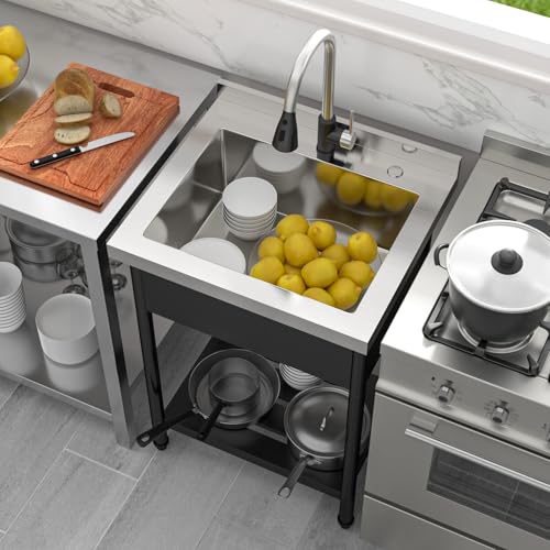 Lordear Stainless Steel Utility Sink 24 Inch - 24"x21" Freestanding Stainless Steel Kitchen Sink Single Bowl Commercial and Residential Use for Laundry Room Garage Outdoor and Kitchen