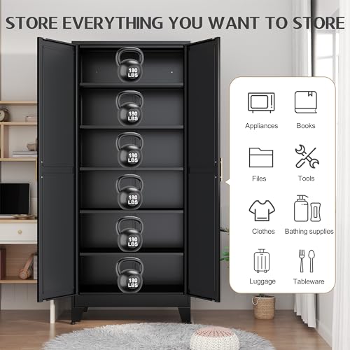 75.2" Tall Metal Pantry Cabinet, Storage Cabinets with 4 Door and 4 Adjustable Shelves, Black Kitchen Pantry Storage Cabinet, Freestanding Cupboard for Kitchen Dining Room Living Room Bathroom